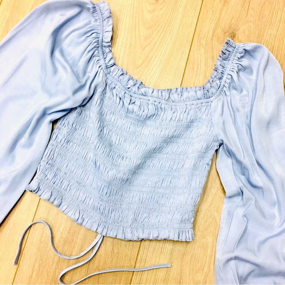 Smocked Square-Neck Puff Sleeve Top sky Light Blue lyocell medium preppy boho